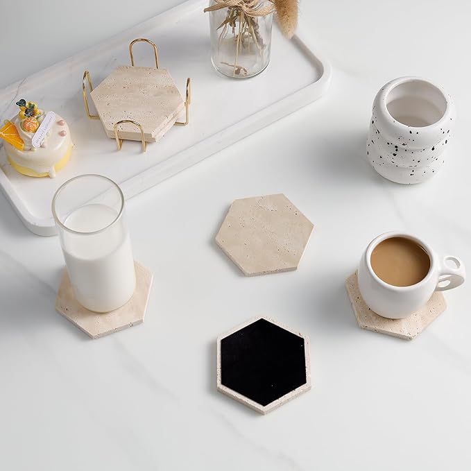 Travertine Coasters Set of 6 with Gold Holder, Hexagonal Rustic Beige Marble Drink Coasters for Coffee Table Decor, Porous Stone Absorbent Coaster for Drinks, Velvet Backed