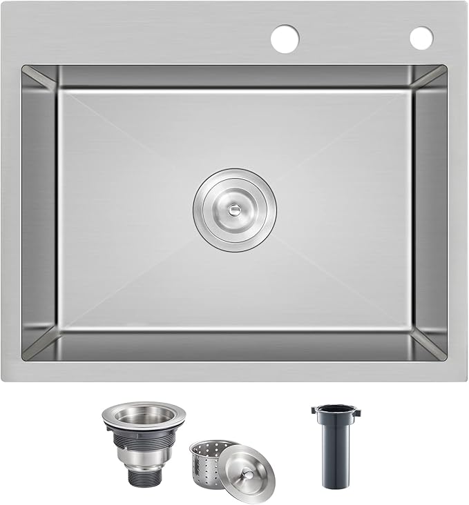ROVATE 20 x 16 inch Drop-in Kitchen Sink Single Bowl, Topmount Kitchen Sink Handmade, 304 Stainless Steel Overmount Kitchen or Bar Sink with Basket Strainer, 20 x 16 x 9 inch