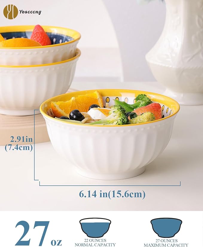 Yeacccng Cereal Bowls Set of 4, 27 Oz Colorful Cereal Bowls, 6.14 Inch Ceramic Soup Bowls for Soup, Cereal, Oatmeal, Fruit, Pasta, Scratch-Resistant, Lead-Free, Dishwasher & Microwave Safe