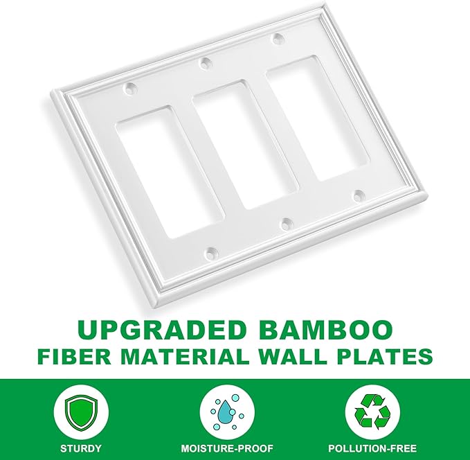 White Modern Decorative Wall Plate Light Switch Cover Decorator Outlet Covers Rocker Switch Plates Bamboo Fiber Material Wall Plates for Kitchen Bathroom (3 Gang Triple Decorator-1 Pack)