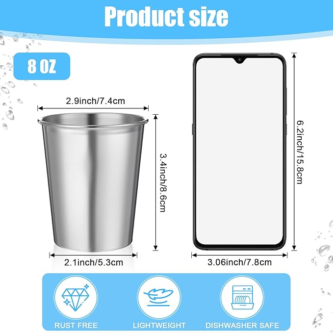 15 Pack Stainless Steel Cups for Kids and Adult Pint Tumbler Metal Cups Stackable Tumbler Shatterproof Metal Drinking Glasses for Travel Outdoor Camping (8 OZ)