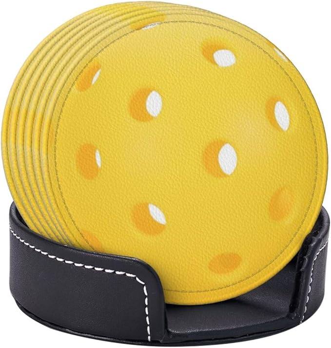 Pickleball Coasters for Drinks with Holder Round Leather Coasters Set of 6 Cups Mugs Mat Pad for Home Kitchen Bar