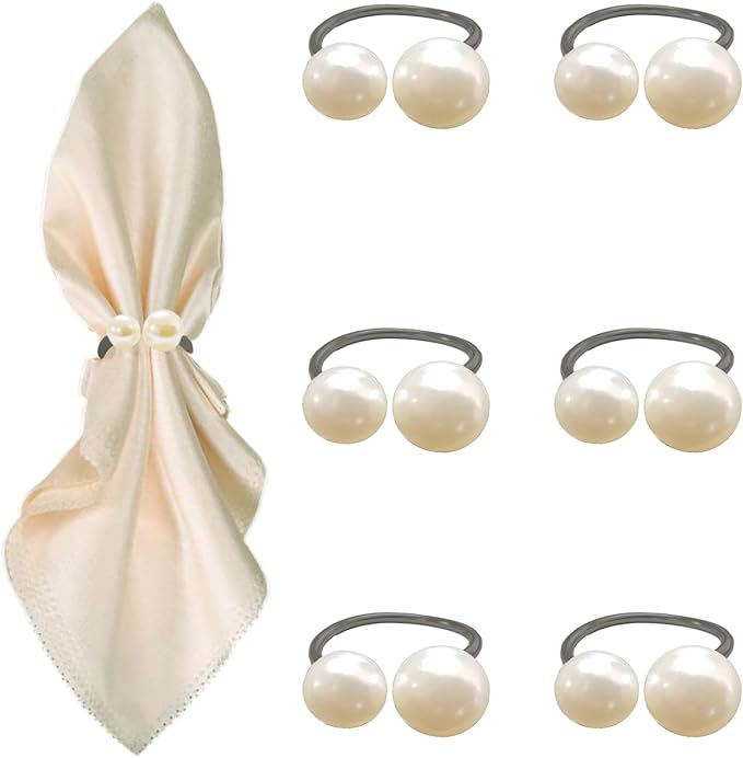 6 Pcs Black Napkin Rings - Pearl Napkin Rings,Metal Napkin Ring for Table Settings Wedding Christmas Party Dinner Table