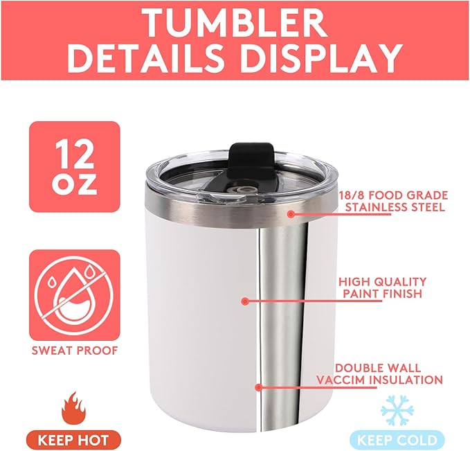 8 Pack 12 Oz Stainless Steel Skinny Tumbler with Splash Proof Lid, Vacuum Insulated Double Wall Thermal Cup, Outdoor Unbreakable Travel Slim Bottle for Hot Cold Drinks