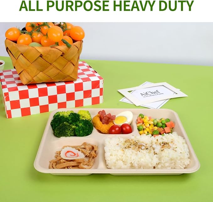 5 Compartment Paper Plates 100 Pack, 10 x 8 inch inch Disposable Lunch Trays, Divided Disposable Sectional Plate for School Lunch, Cafeteria, Buffet Church and Party