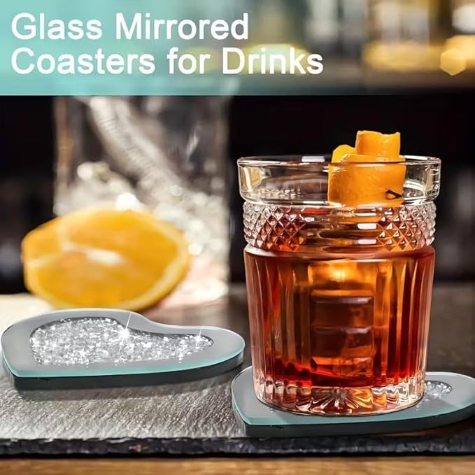 Crushed Diamond Crystal Glass Mirrored Heart Love Coasters Set of 4 Glittering Bling Silver TRENDZY ® Drink Wine Coasters for Home Kitchen Bar & Restaurant Home Decor Birthday Wedding (Heart)