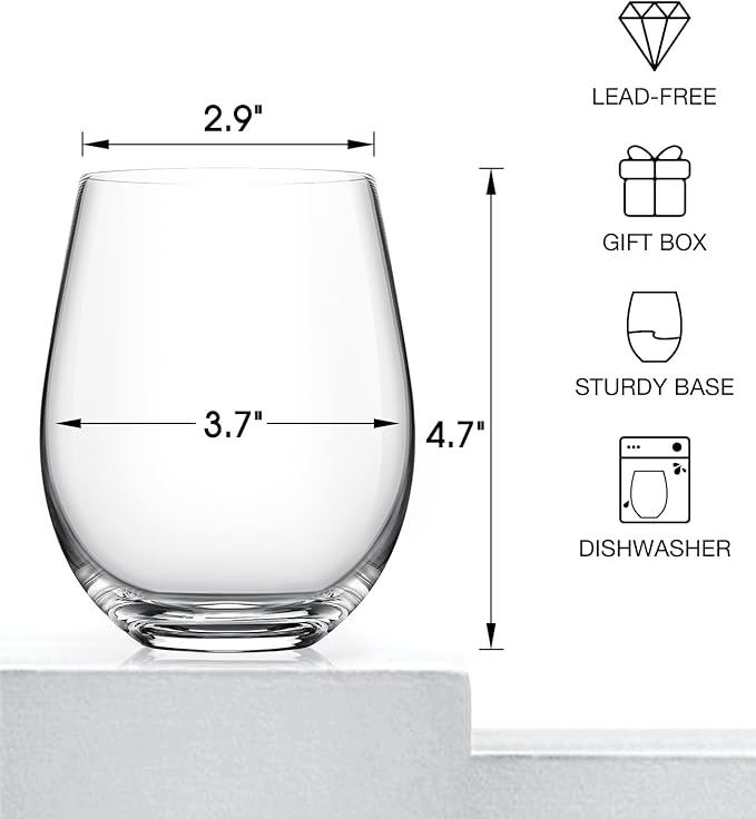 LUNA & MANTHA Stemless Wine Glasses Set of 4, 18oz Crystal Red White Wine Glasses for Daily Use, Hosting, Home Bar, Evening Party, Birthdays, Shower, Housewarming Gift, Clear
