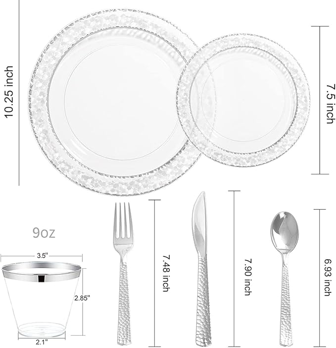 Ciaell 150PCS Clear Silver Plastic Plates - Silver Disposable Plates include 25Dinner Plate, 25Dessert Plate, 25Forks, 25Knives, 25Spoons, 25Cups for Weddings & Parties