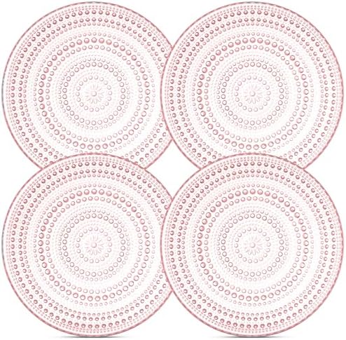 Pink Hobnail Dessert Plates Set 4 Pressed Glass 8 Inch by Yungala