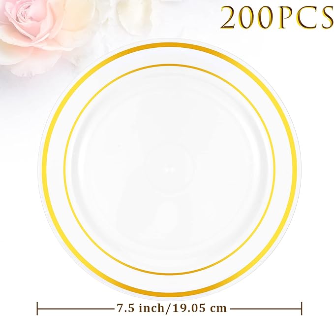 Sieral 200 Pieces Disposable Plates Plastic Party Plates with Rim Hard Plastic Appetizer Salad Dessert 7.5 Inch Elegant Heavy Duty Tableware for Dinner Wedding Party Supplies(Gold Rim)