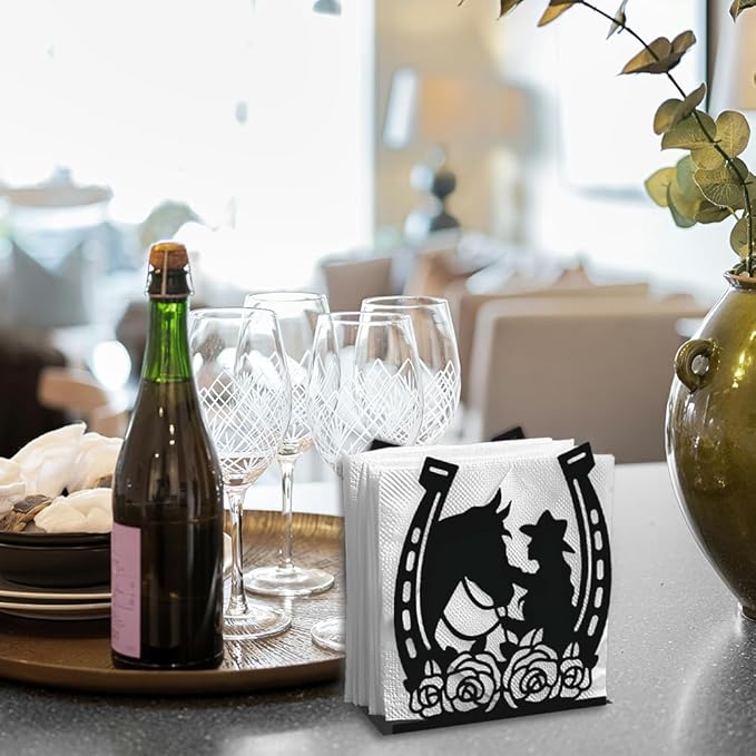 Cowgirl Horse Decorative Black Metal Napkin Holder for Table, 4.9" x 5.3" x 2" Flower Horseshoe Standing Napkin Holder for Home Kitchen Restaurant Picnic Party Coffee Bar Dining Room