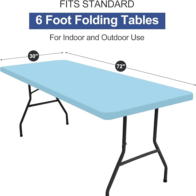 homing 2 Pack Rectangle Table Cloth, Elastic Fitted Fabric Tablecloth Fits for 6 Foot Folding Tables, Washable Table Cover for Picnic, Camping, Indoor & Outdoor (Light Blue, 30" x 72")
