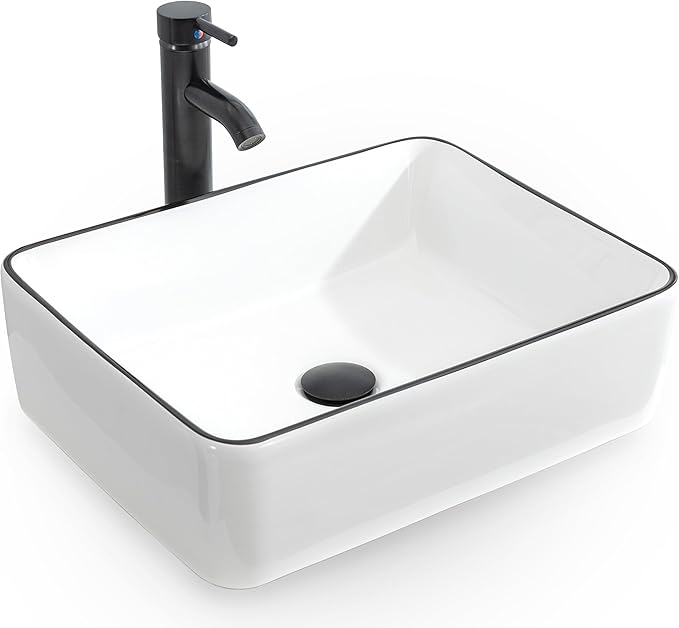 eclife Bathroom Ceramic Sink Bowl Classic White with Black Decor Line Porcelain Vessel Sink and Faucet Combo for Bathroom Countertop Bowl Sink & ORB Pop Up Drain (T03BK)