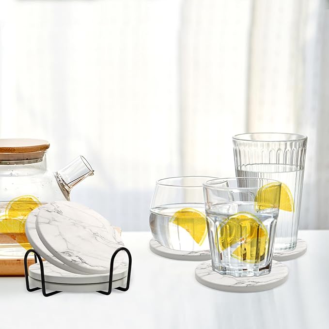 Ceramic Coaster Set of 8, 4 Inch Drink Coasters with Holder, Absorbent Drink Coasters for Dining Table, Round Coasters Set for Drinks, Cup Coaster for Home Decor, Housewarming Gift