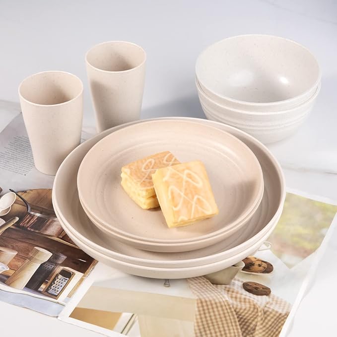 Supernal Wheat Straw Dinnerware, Wheat Straw Plates and Bowls Sets Dishwasher Safe, Unbreakable Light Weight Plate Service For 8, Reusable Plastic Plate, Include 16pcs Plates, 8pcs Bowls, 8pcs Cups