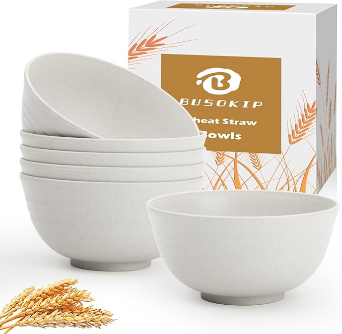 Wheat Straw Bowl 26oz, Cereal Bowls Sets of 6, Unbreakable Soup & Salad Bowl, Microwave & Dishwasher Safe Plastic Bowls for Kitchen, Dorm, Office, BBQ,Travel - White