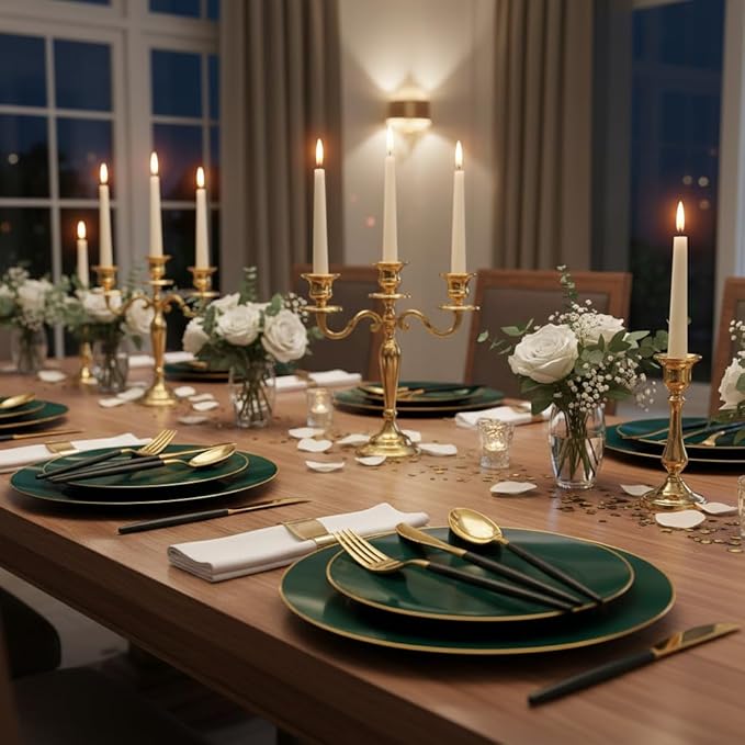 Liacere 150PCS Green Plastic Plates - Gold Plastic Silverware with Green Handle - Heavy Duty Fancy Plastic Plates Disposable Include 30 Guests Plates, Forks, Spoons, Knives for wedding＆Christmas