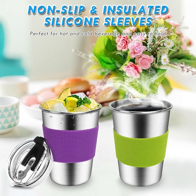 ShineMe Kids Stainless Steel Cups, Kids Metal Drinking Glasses with Lids, Stainless Steel Straws and Sleeves, 12oz Reusable Water Tumbler for Children and Adults, Apply to Indoor and Outdoor