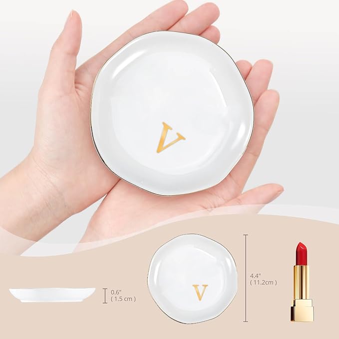 ProCase Ceramic Jewelry Tray, Initial Ring Dish Trinket Plate Engagement Gift, Small Personalized Monogram Ring Bowl for Wedding, White Decorative Jewelry Holder for Women Vanity -LetterV