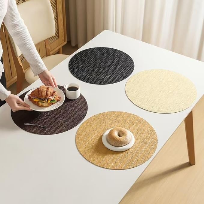 PIGCHCY Round 15" Water-Resistant Placemats Set of 6, Premium Faux Leather Placemats PVC Easy Clean Table Mats for Hotels Outdoor Dining, Wedding Decor (Black)