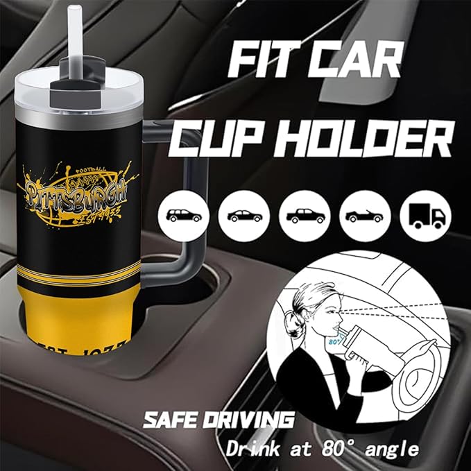 Pittsburgh 30 oz Tumbler with Handle and Straw,Car cup,Coffee Mug,100% Leakproof Insulated Tumbler with Lid and Straw,Made of Stainless Steel,Cup Holder Friendly Base,Classic Collection Gifts for Fans