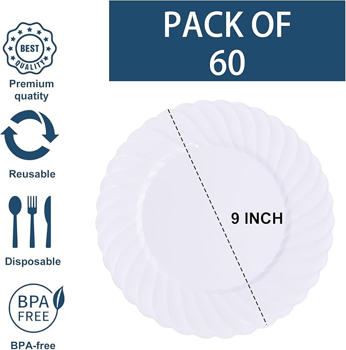 U-QE 60 Pieces White Plastic Plates - 9 Inch White Disposable Plates - Washable & Reusable - Premium Hard Plates - Party Supplies for Birthdays, Celebrations, Travel, Wedding, Party and Events