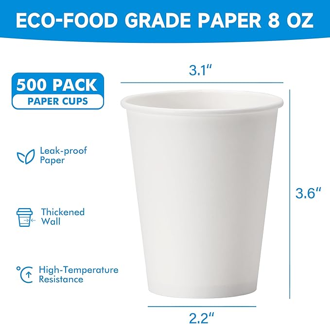 RACETOP 8 oz 500 Pack Disposable Paper Coffee Cups, Disposable Paper Cups, Hot Coffee Cups for Office, Party, Home