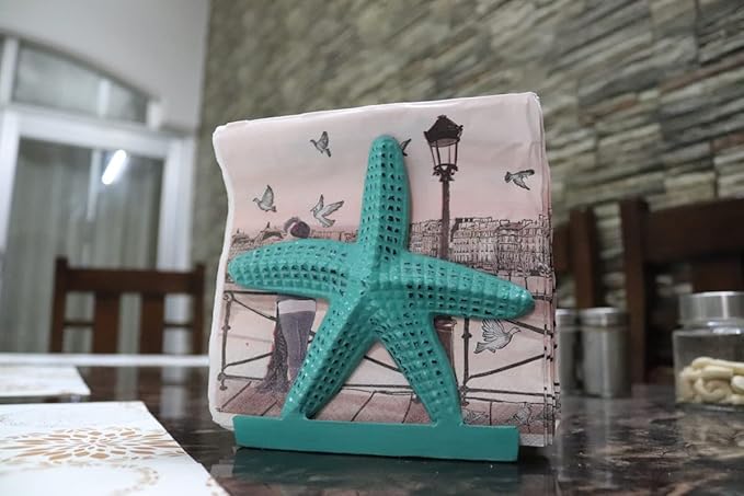 Nautical Starfish Lunch Dinner Metal Napkin Holder Kitchen Beverage Cocktail Ocean Coastal Napkin Holder By The Metal Magician (Distressed Green)