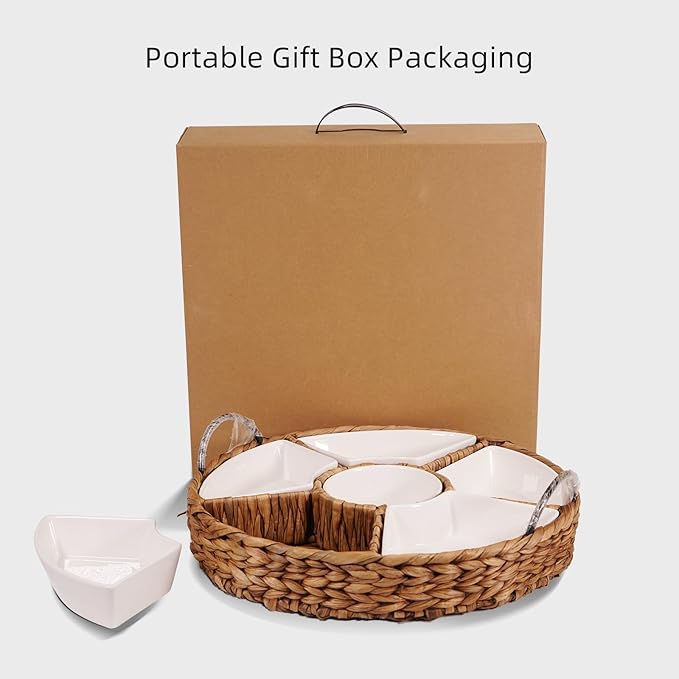 Serving Tray and Platters, 7-Set Gold Platters for Parties, 15.5 x 15.5 inches, Divided Serving Trays & Portable Handle for Home Dining, Gift Box Packaging.