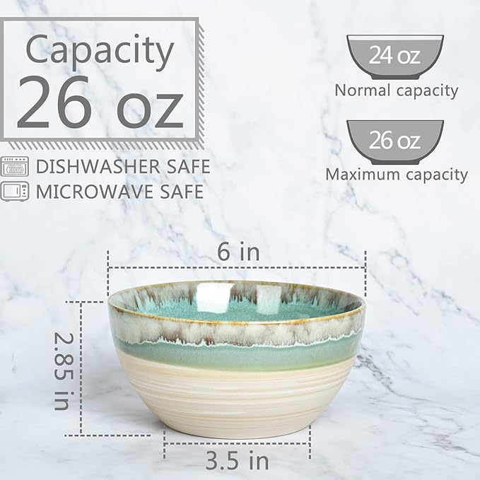 Bosmarlin Ceramic Soup Bowl Set of 4, 26 Oz, 6 Inch Stoneware Cereal Bowl for Oatmeal, Salad, Dishwasher and Microwave Safe, Reactive Glaze (Green, 6 in)