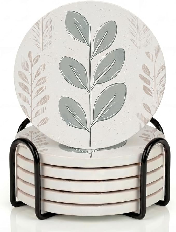 VEYRO Ceramic Coasters Set of 6 – Absorbent Stone Drink Coasters with Holder, Non-Slip Cork Backing, Modern Marble Look Coasters for Coffee Table, Desk & Home Decor