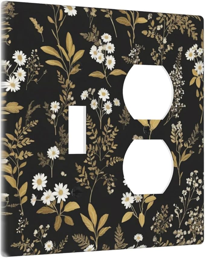 Light Switch Cover Plate Black/Gold Boho Botanical Floral Rustic Flowers 2 Gang Decorative Switch Plates 1 Toggle Duplex Combo Outlet Covers GFCI Wall Plates for Bathroom Kitchen Decor