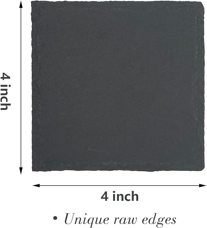 24 Pack 4 inch Square Slate Coasters,Handmade Natural Rough Edge,with Integral Anti-Skid pad,Laser Engraving Blanks,Stone Coasters