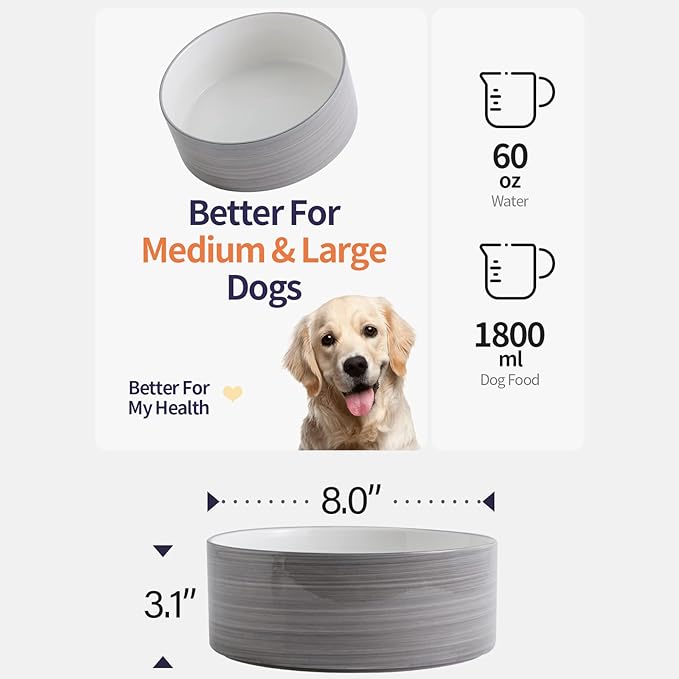 Elevated/Raised Dog Bowl Ceramic with Wood Stand for Medium Large Breed,Dog Food Water Dish Heavy Weighted,8 in Non Slip Modern Cute Porcelain Pet Bowl Extra Large Grey White