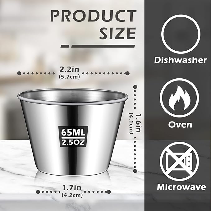 Mimorou 100 Pcs 2.5oz Metal Ramekins Stainless Steel Sauce Dipping Cups Ramekins Bulk Sauce Container Round Dipping Bowls Condiment Cup for Dish Butter Kitchen Restaurant Serving Party Dinner Cooking