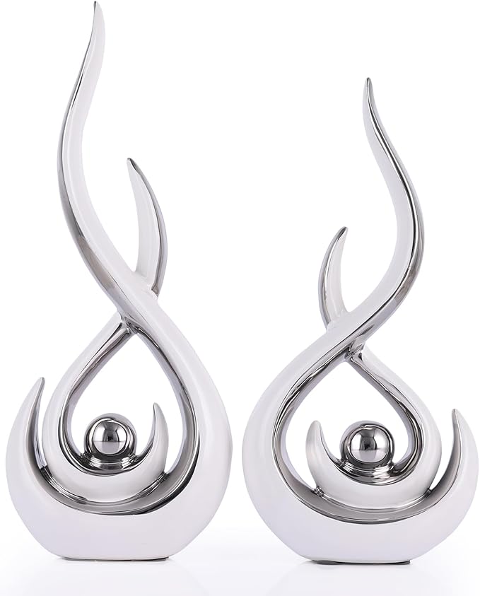Ceramic Abstract 2 Piece Statue Set, White and Silver Home Decor Accents for Home Decor Statue Mantle Shelf Unique Decor, TV Cabinet Partition Table Top and Dining Table Centerpiece.