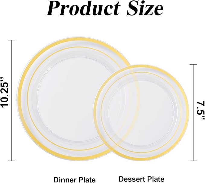 BESTSTAR 200PCS Clear Gold Plastic Plates Set, 100 10.25 inch Dinner Plates and 100 7.5 inch Dessert Plates, Disposable Plates for Party, Wedding