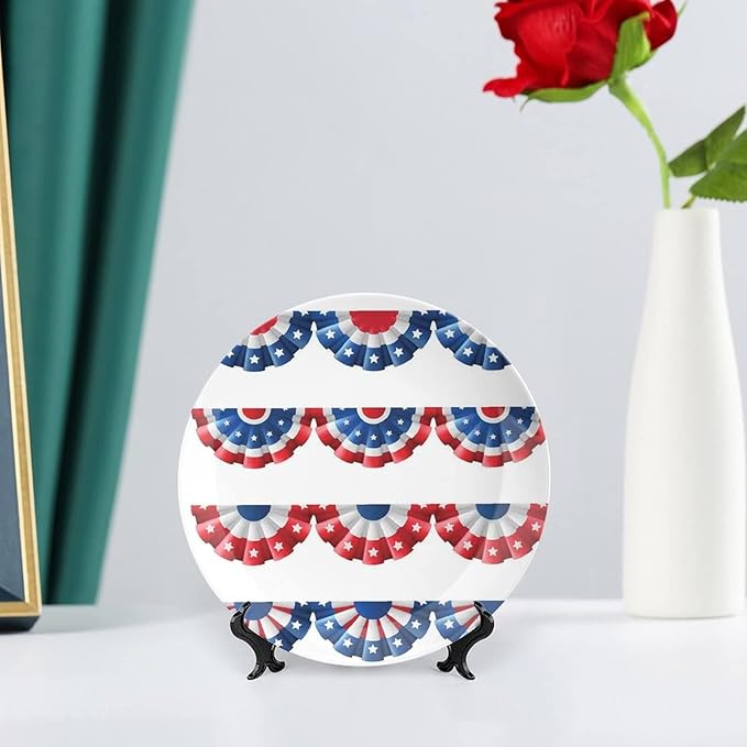 Decorative Plates, American Flag Decor Print Ornament, Flag Round Bunting Election Ornament Pattern, 6 Inch, Kitchen Wall Decor, Blue Red