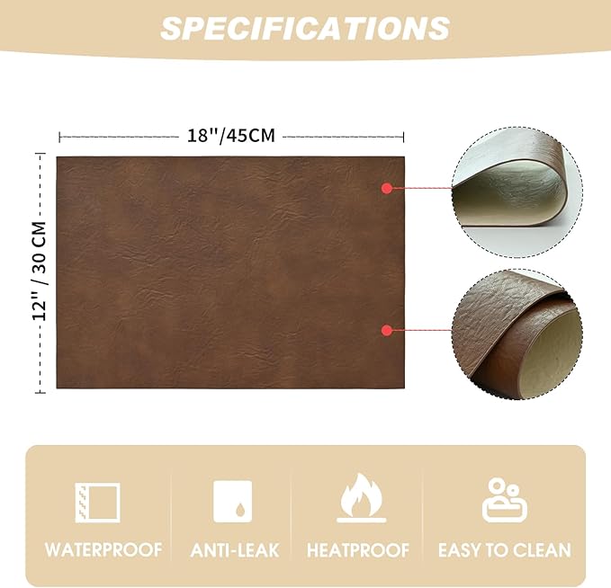Artoid Mode Brown Faux Leather Placemats Set of 6, 12x18 Inch Waterproof Wipeable Heat Resistant Vinyl Place Mats, Reversible Table Mats for Kitchen Dining Decor