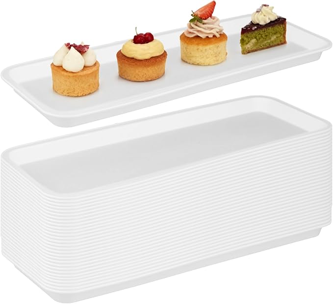 30 PCS Plastic Serving Trays, 15.7'' x 5.9'' Rectangle Food Plate, Reusable White Serving Platters for Cookie, Appetizer, Charcuterie, Snack, Dessert, Fruit