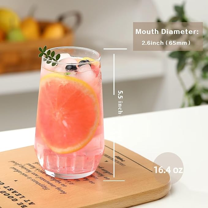 Drinking Glasses Set of 6, 16.4 oz Crystal Water Glasses,Tall Glass Cups,Highball Glass for Cocktail,Juice,Mojito,Iced Tea,Kitchen and Bar Glassware,Gifts for Christmas