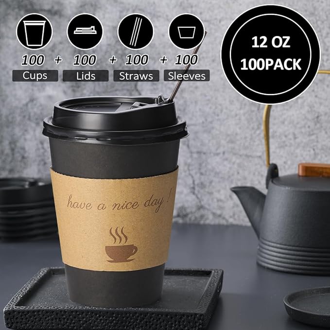 100 pack 12 oz Thickened Coffee Cups with Lids, Scald Resistant Hot Cups with Sleeve and Straw, To Go Coffee Cups for Home, Office, Cafes and Party (Black 12oz)
