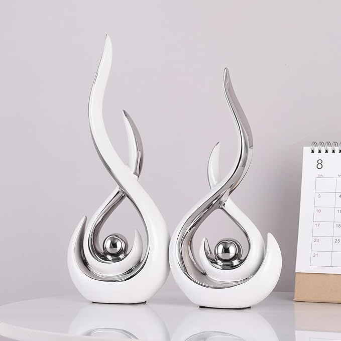 Ceramic Abstract 2 Piece Statue Set, White and Silver Home Decor Accents for Home Decor Statue Mantle Shelf Unique Decor, TV Cabinet Partition Table Top and Dining Table Centerpiece.