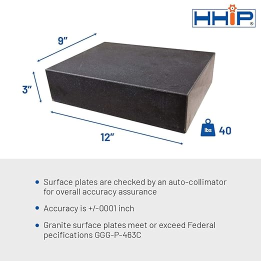 HHIP 4401-0011 Granite Surface Plate, Grade B, Ledge 0, 12" x 9" x 3"