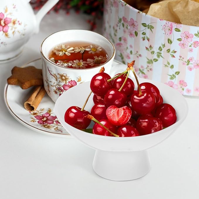 2Pcs Small White Pedestal Bowls Ceramic Footed Fruit Bowl 4.9 x 4.13Inch 2 Sizes