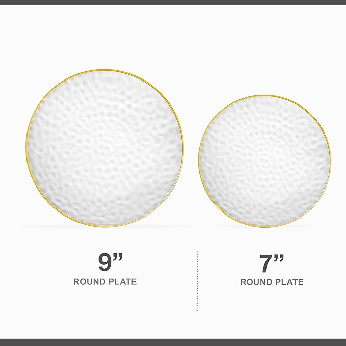 PLASTICPRO 32 Piece Combo Plates Set includes 16-7'' inch Plates & 16-9'' inch Plate Clear Plastic Organic Hammered Design Party Dishes Gold Rim, Elegant, Tableware, Dishes,