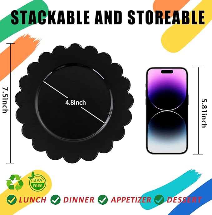 SUT 72 PCS Black Plastic Plates - 7.5 Inch Plates Disposable Heavy Duty，Plastic Plates for Party, Dessert & Celebrations