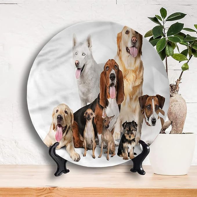 Ceramic Display Plate, Dog Lover Ceramic Hanging Decorative Plate, House Pet Photo Shoot, 8 Inch, Household Custom Ceramic Plate, Multicolor
