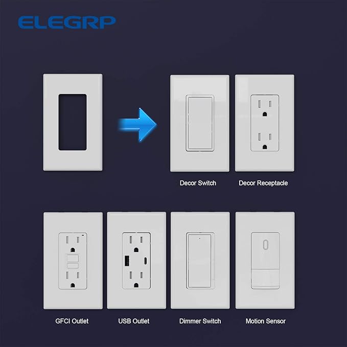 ELEGRP 1-Gang Screwless Decorator Wall Plates, Standard Size Unbreakable Thermoplastic Faceplate Cover for Decorator Receptacle Outlet Switch, UL Listed (100 Pack, Glossy White)