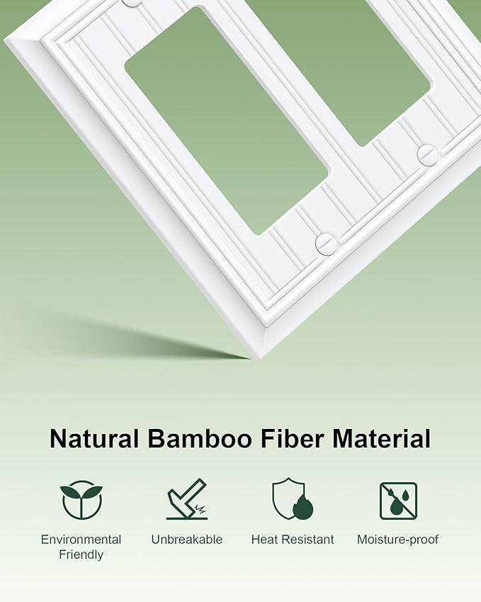 2-Pack Classic Beadboard Decorative Double Decorator Outlet Cover Plate, Pure White Durable Natural Bamboo Fiber Wall Plates for Electrical Outlets, Receptacle, GFCI Outlet, Dimmer Switch, 2-Gang